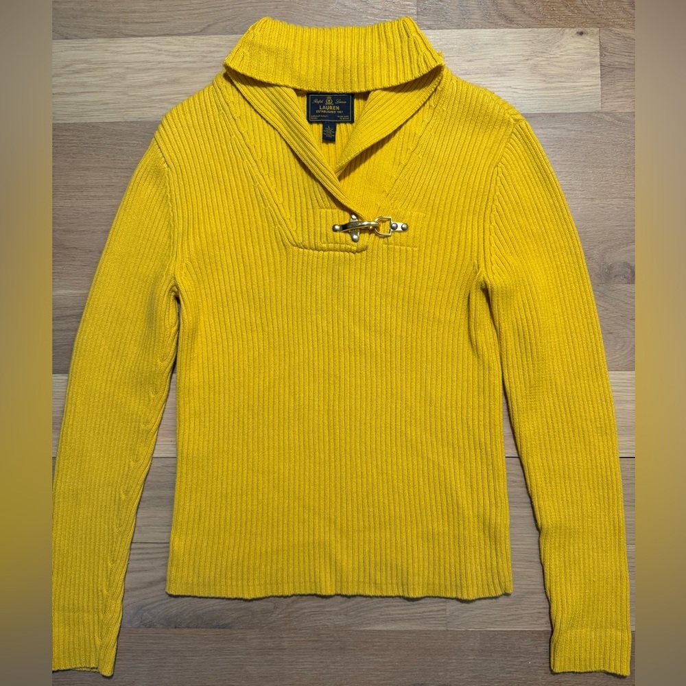 Ralph Lauren Yellow Ribbed Sweater featuring metal buckle closure